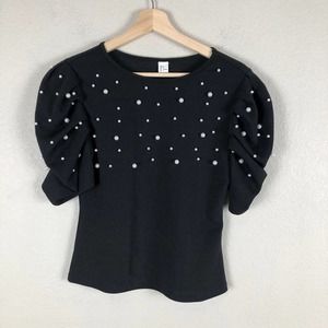 Womens Shirt Black Pearl Embellished Dramatic Short Sleeve Classic Size Small